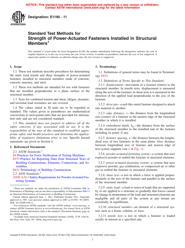 ASTM E1190-11 - Standard Test Methods for Strength of Power-Actuated Fasteners Installed in Structural Members