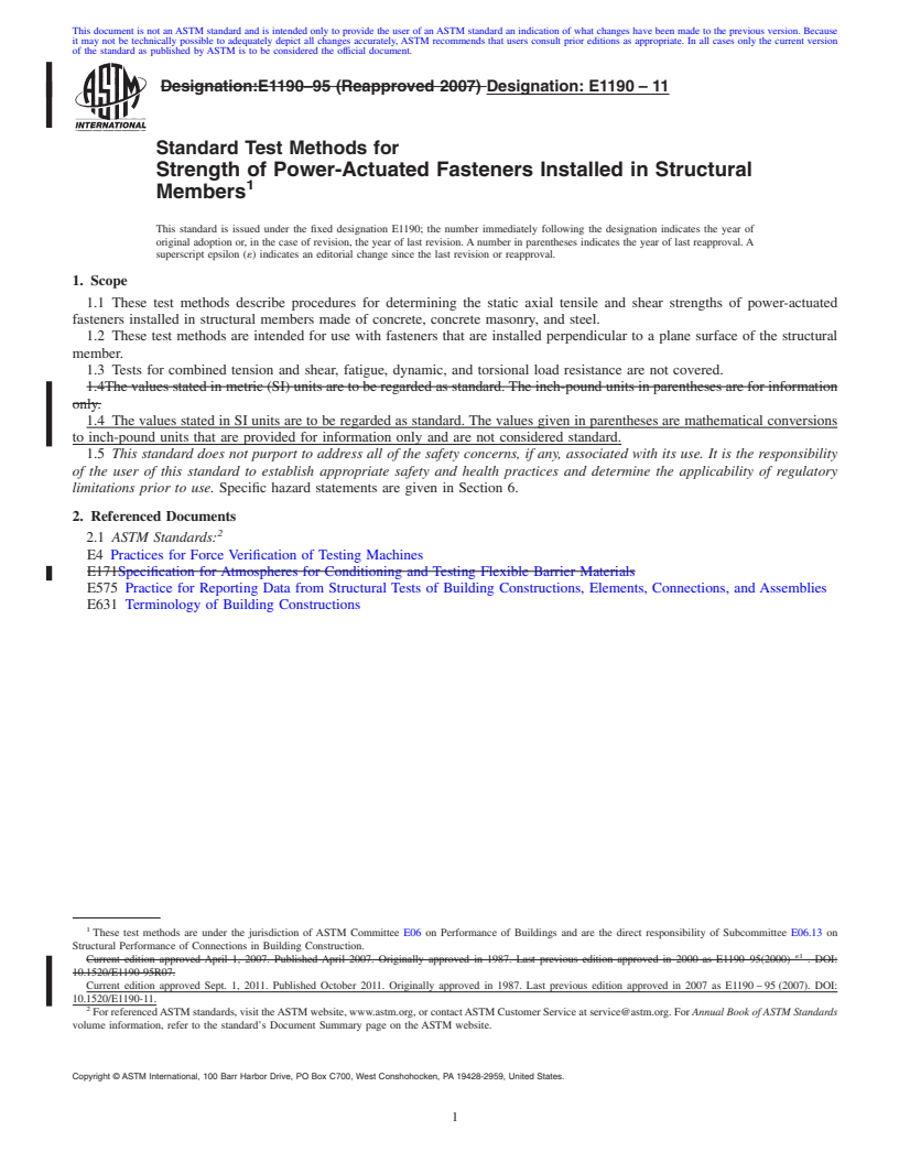 REDLINE ASTM E1190-11 - Standard Test Methods for Strength of Power-Actuated Fasteners Installed in Structural Members