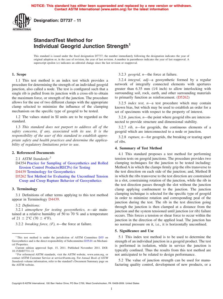 ASTM D7737-11 - Standard Test Method for Individual Geogrid Junction Strength