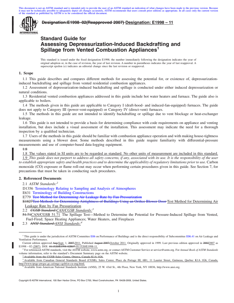 REDLINE ASTM E1998-11 - Standard Guide for   Assessing Depressurization-Induced Backdrafting and Spillage from Vented Combustion Appliances