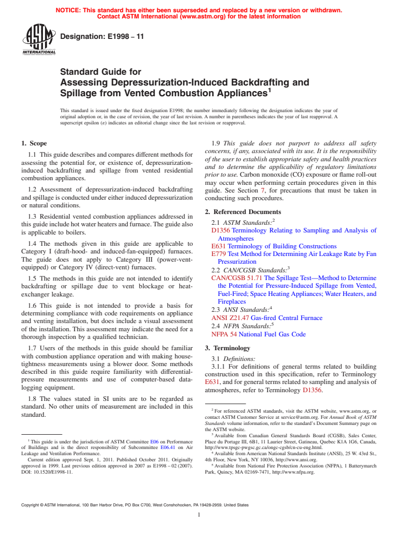 ASTM E1998-11 - Standard Guide for   Assessing Depressurization-Induced Backdrafting and Spillage from Vented Combustion Appliances