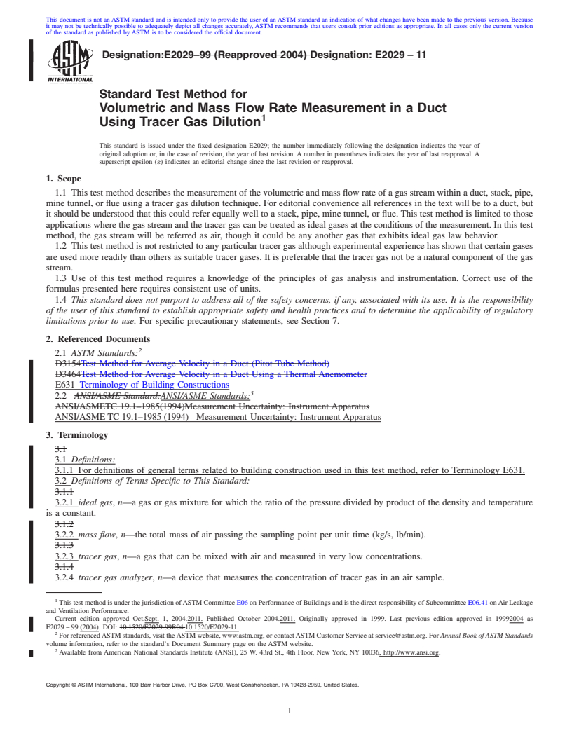 REDLINE ASTM E2029-11 - Standard Test Method for Volumetric and Mass Flow Rate Measurement in a Duct Using Tracer Gas Dilution