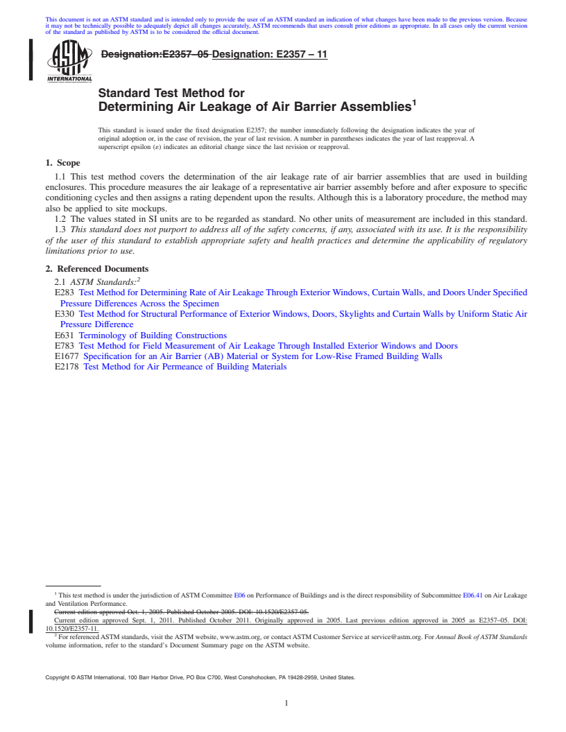 REDLINE ASTM E2357-11 - Standard Test Method for Determining Air Leakage of Air Barrier Assemblies