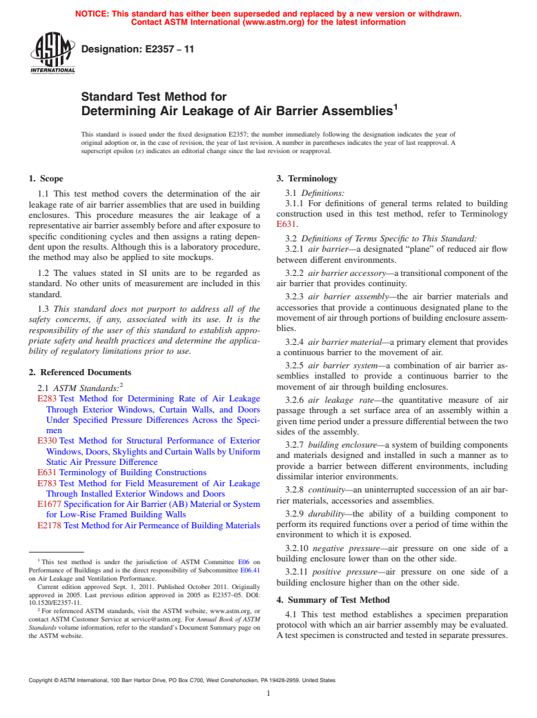 ASTM E2357-11 - Standard Test Method for Determining Air Leakage of Air Barrier Assemblies