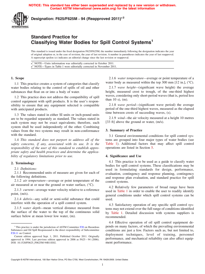 ASTM F625/F625M-94(2011)e2 - Standard Practice for Classifying Water Bodies for Spill Control Systems