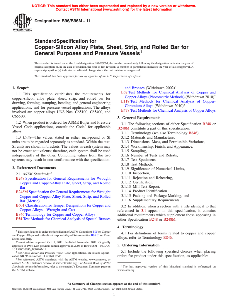 ASTM B96/B96M-11 - Standard Specification for Copper-Silicon Alloy Plate, Sheet, Strip, and Rolled Bar for General Purposes and Pressure Vessels