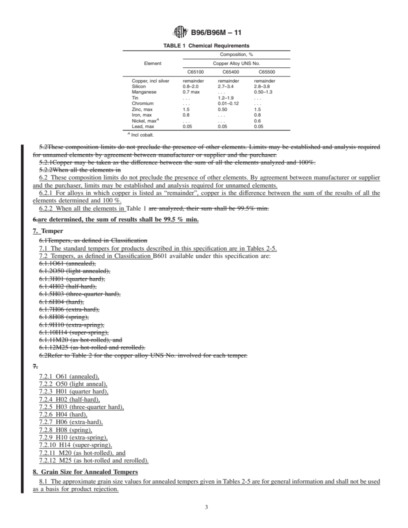 REDLINE ASTM B96/B96M-11 - Standard Specification for Copper-Silicon Alloy Plate, Sheet, Strip, and Rolled Bar for General Purposes and Pressure Vessels