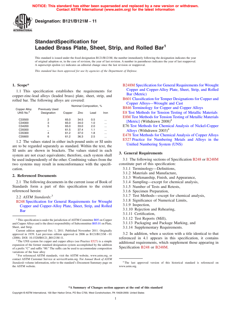 ASTM B121/B121M-11 - Standard Specification for  Leaded Brass Plate, Sheet, Strip, and Rolled Bar