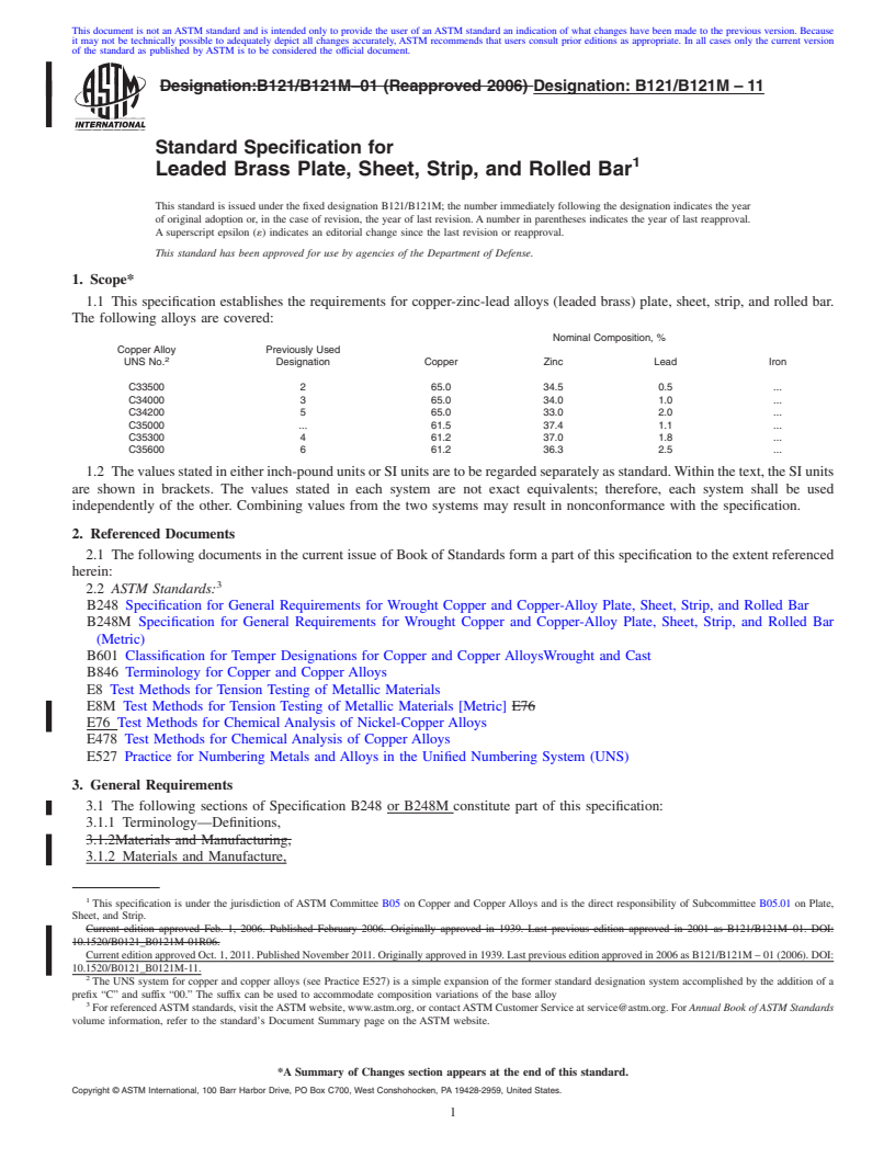 REDLINE ASTM B121/B121M-11 - Standard Specification for  Leaded Brass Plate, Sheet, Strip, and Rolled Bar