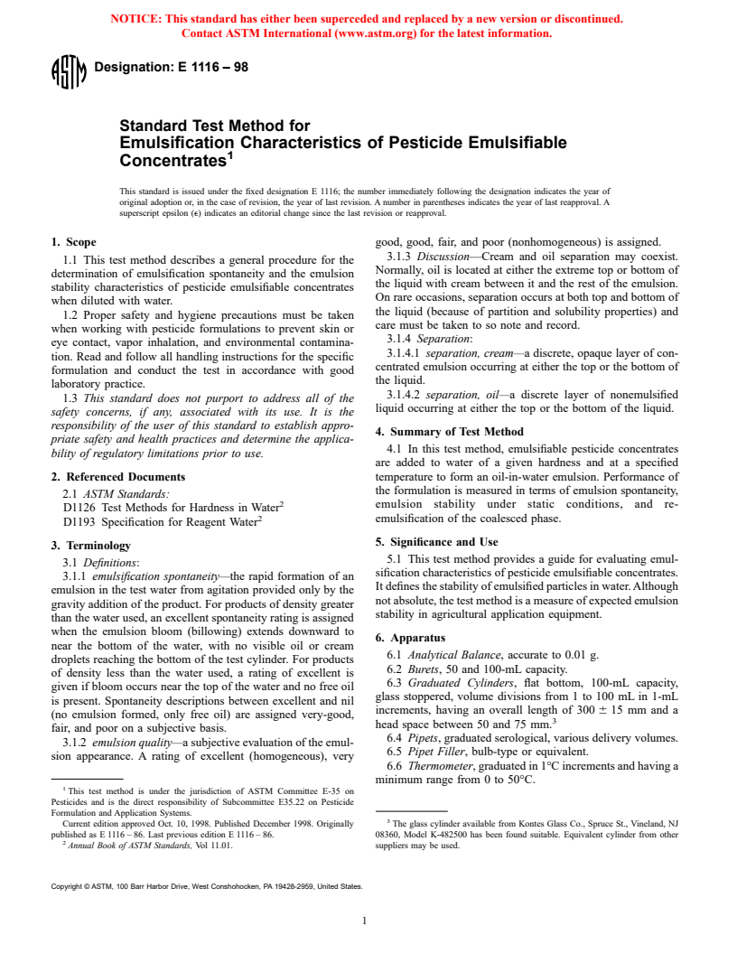 ASTM E1116-98 - Standard Test Method for Emulsification Characteristics of Pesticide Emulsifiable Concentrates