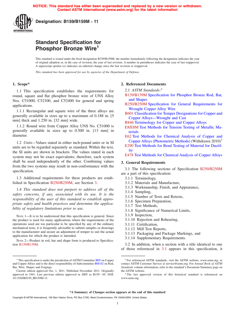 ASTM B159/B159M-11 - Standard Specification for  Phosphor Bronze Wire