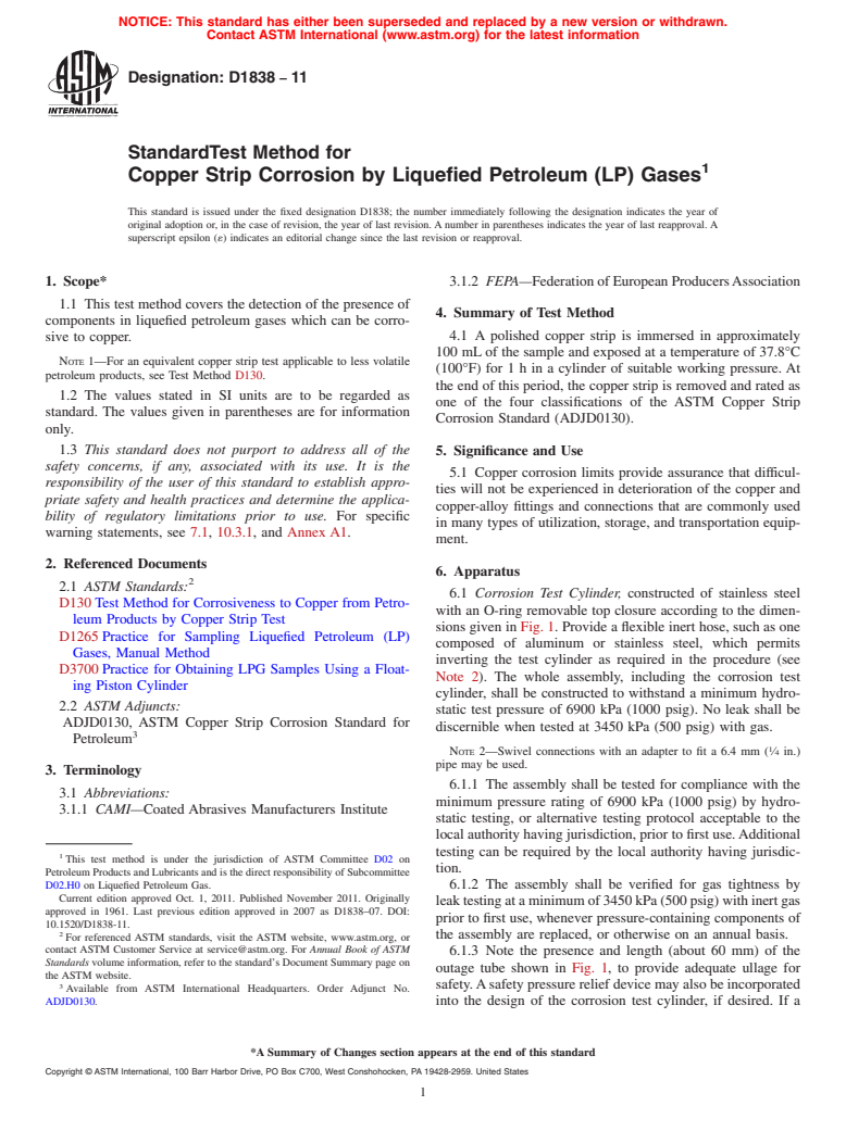 ASTM D1838-11 - Standard Test Method for Copper Strip Corrosion by Liquefied Petroleum (LP) Gases