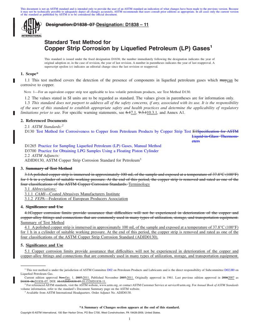 REDLINE ASTM D1838-11 - Standard Test Method for Copper Strip Corrosion by Liquefied Petroleum (LP) Gases