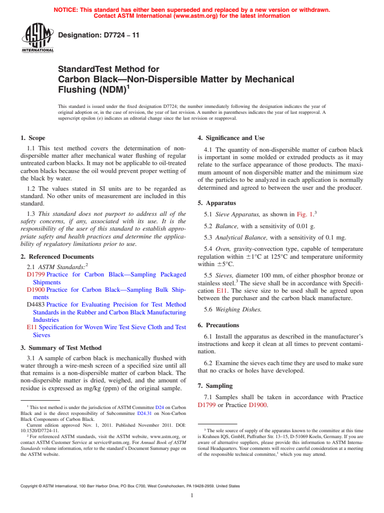 ASTM D7724-11 - Standard Test Method for Carbon Black<char: emdash>Non-Dispersible Matter by Mechanical Flushing (NDM)