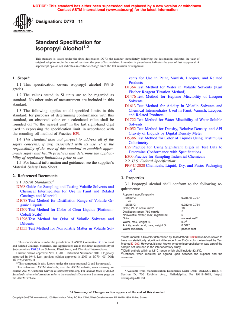 ASTM D770-11 - Standard Specification for  Isopropyl Alcohol