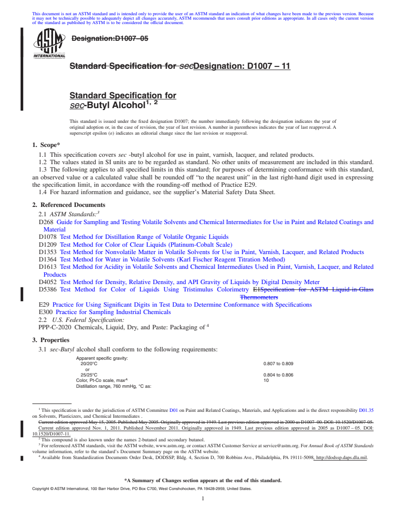 REDLINE ASTM D1007-11 - Standard Specification for  <span class="italic">sec</span>-Butyl Alcohol  <a href="#fn00002"></a>