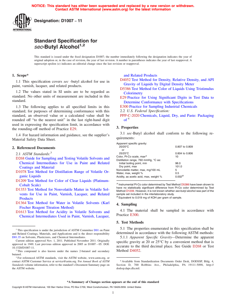 ASTM D1007-11 - Standard Specification for  <span class="italic">sec</span>-Butyl Alcohol  <a href="#fn00002"></a>