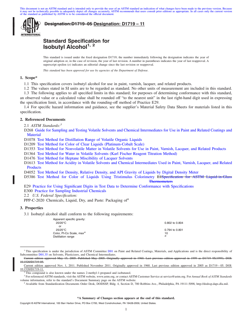 REDLINE ASTM D1719-11 - Standard Specification for  Isobutyl Alcohol