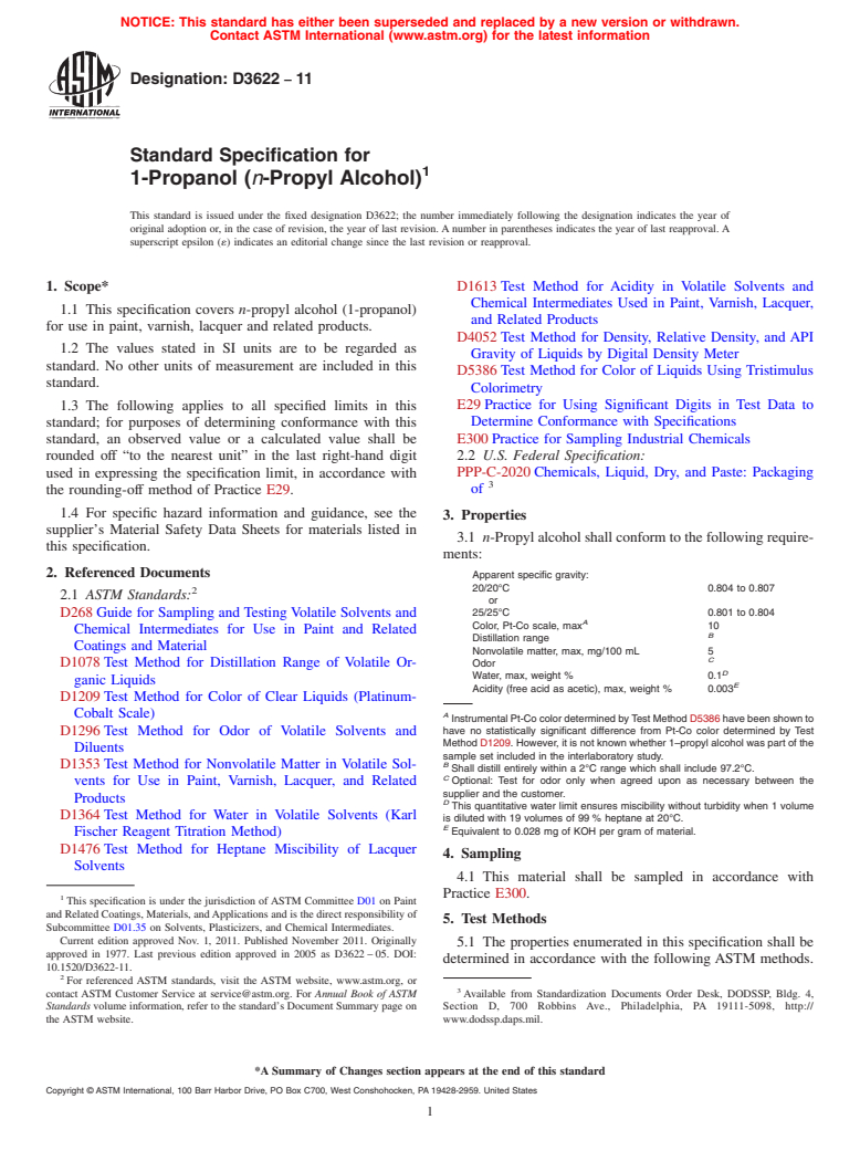 ASTM D3622-11 - Standard Specification for 1-Propanol (<i>n</i>-Propyl Alcohol)