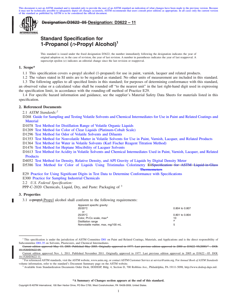 REDLINE ASTM D3622-11 - Standard Specification for 1-Propanol (<i>n</i>-Propyl Alcohol)