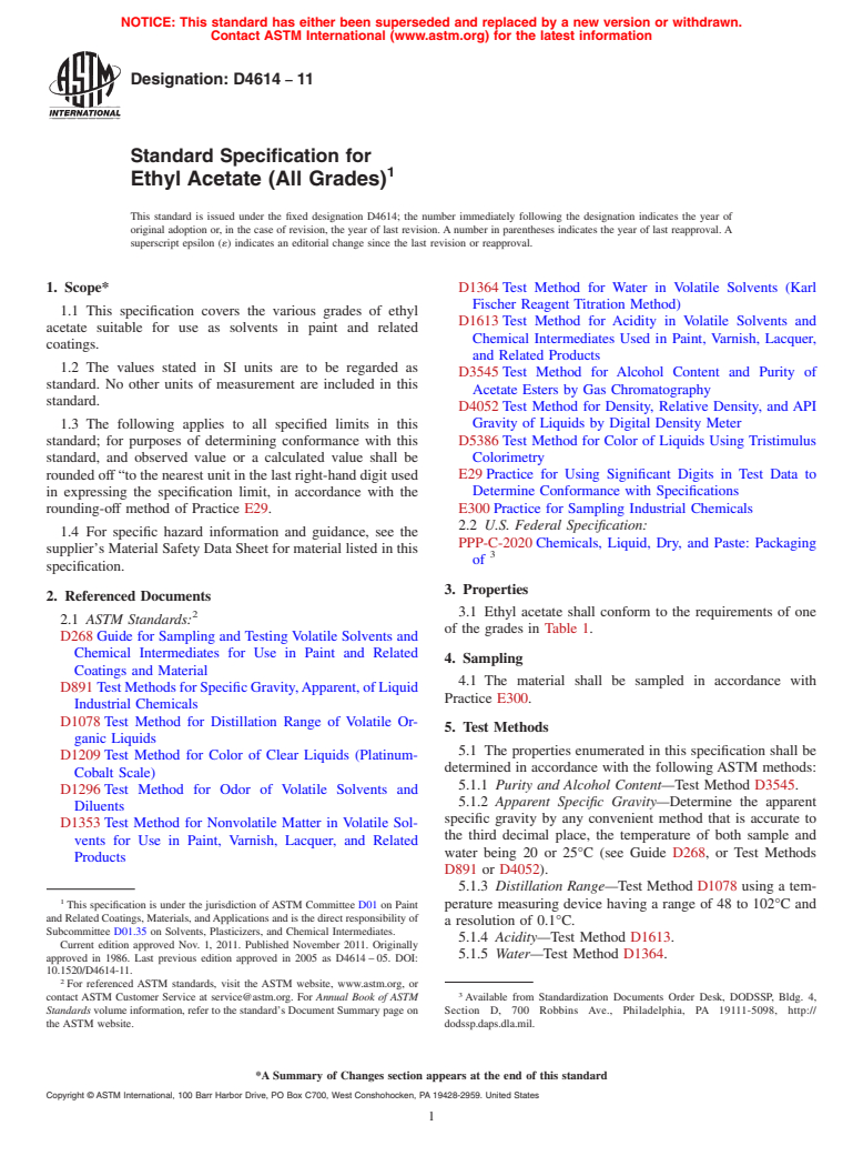 ASTM D4614-11 - Standard Specification for  Ethyl Acetate (All Grades)