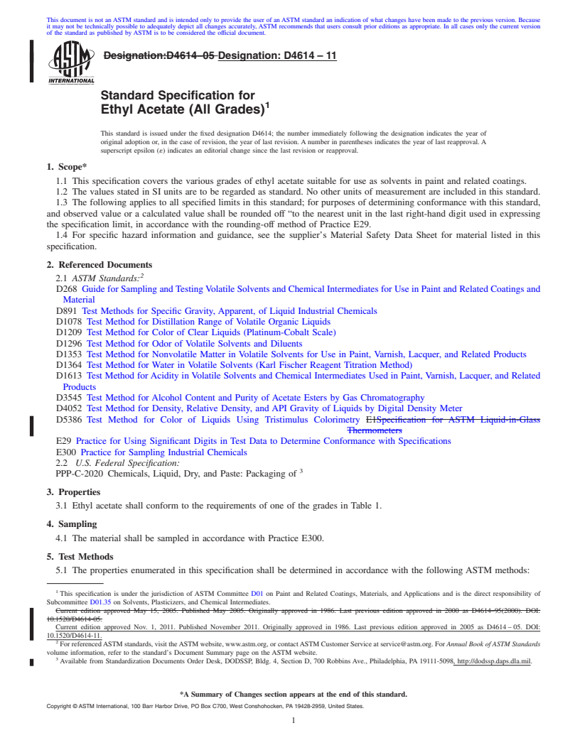 REDLINE ASTM D4614-11 - Standard Specification for  Ethyl Acetate (All Grades)