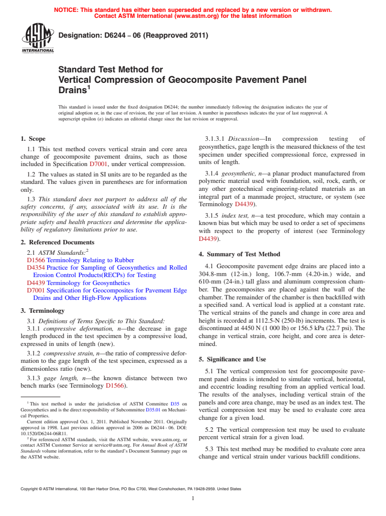 ASTM D6244-06(2011) - Standard Test Method for Vertical Compression of Geocomposite Pavement Panel Drains