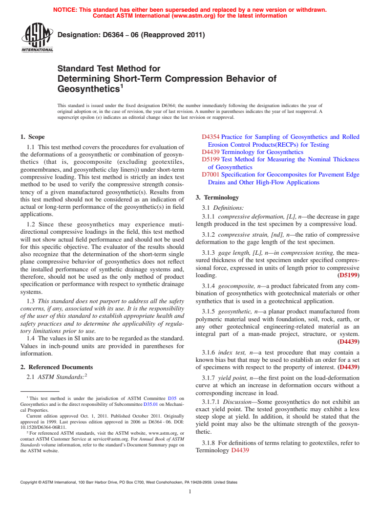 ASTM D6364-06(2011) - Standard Test Method for Determining Short-Term Compression Behavior of Geosynthetics