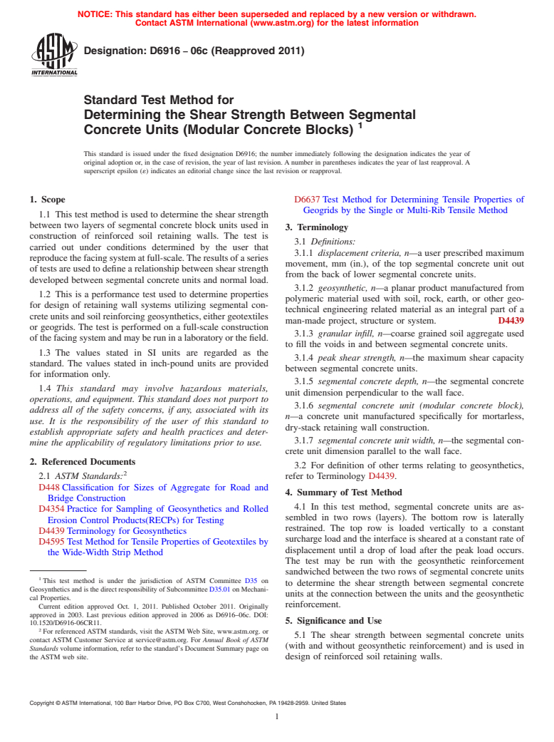 ASTM D6916-06c(2011) - Standard Test Method for Determining the Shear Strength Between Segmental Concrete Units (Modular Concrete Blocks)