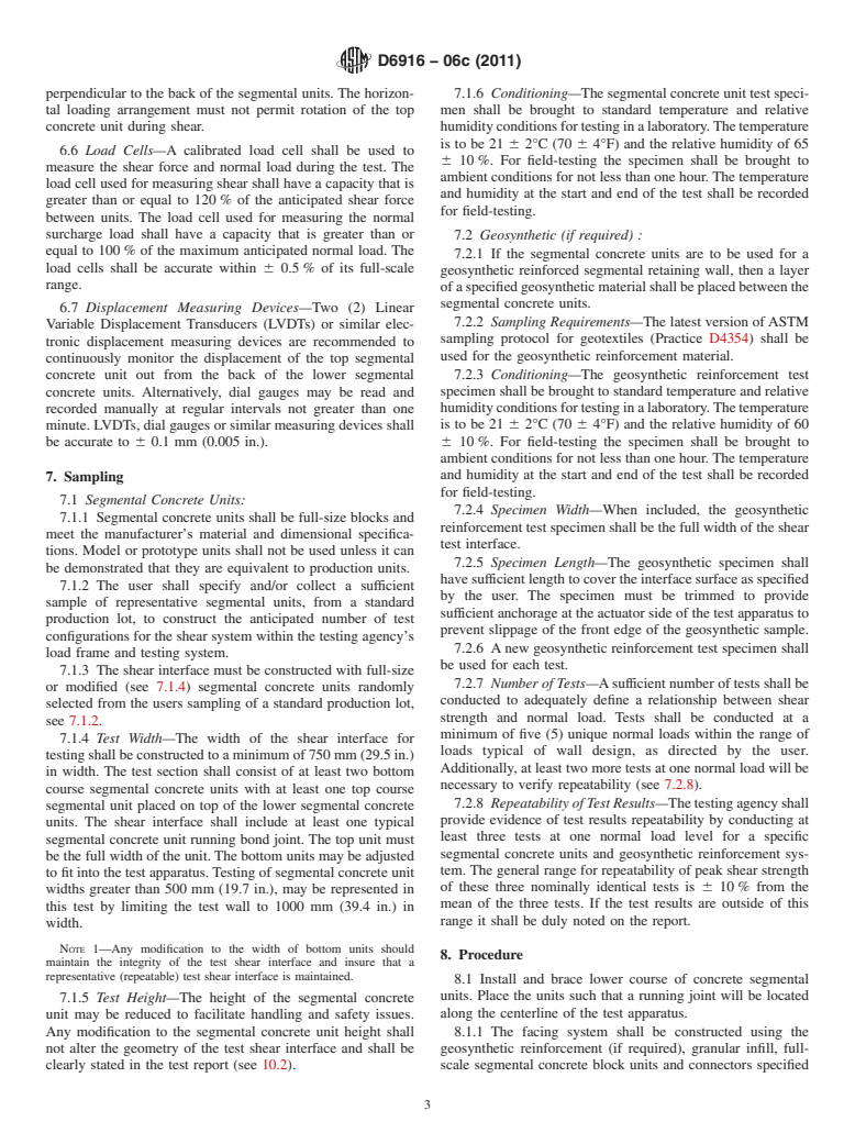 ASTM D6916-06c(2011) - Standard Test Method for Determining the Shear Strength Between Segmental Concrete Units (Modular Concrete Blocks)