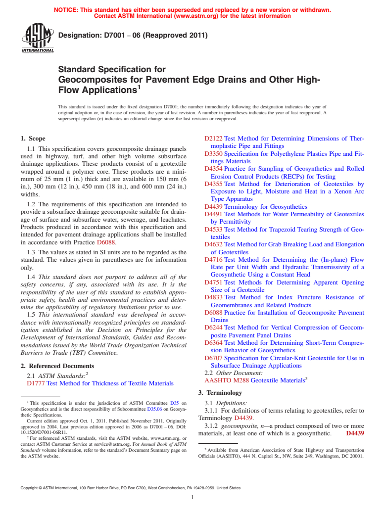 ASTM D7001-06(2011) - Standard Specification for Geocomposites for Pavement Edge Drains and Other High-Flow Applications