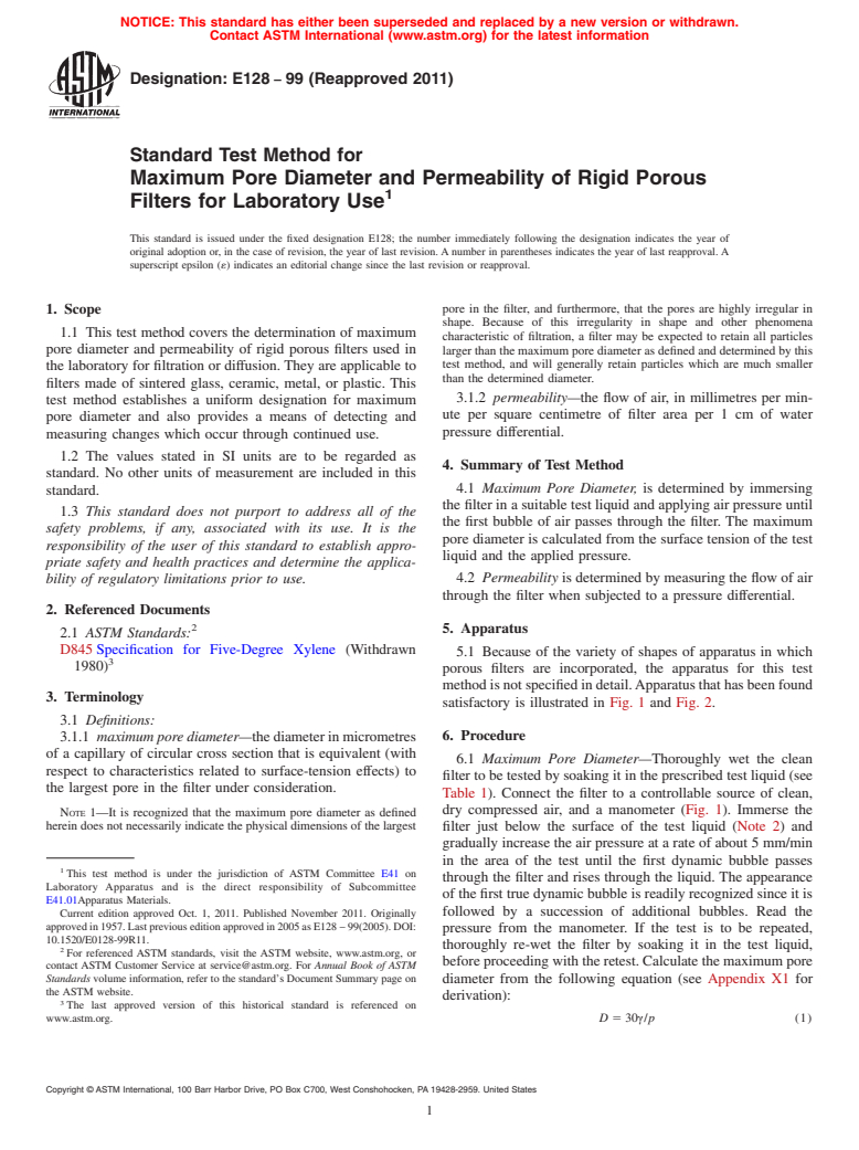 ASTM E128-99(2011) - Standard Test Method for  Maximum Pore Diameter and Permeability of Rigid Porous Filters for Laboratory Use