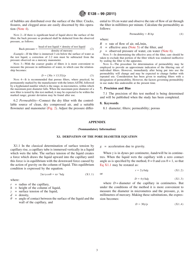 ASTM E128-99(2011) - Standard Test Method for  Maximum Pore Diameter and Permeability of Rigid Porous Filters for Laboratory Use