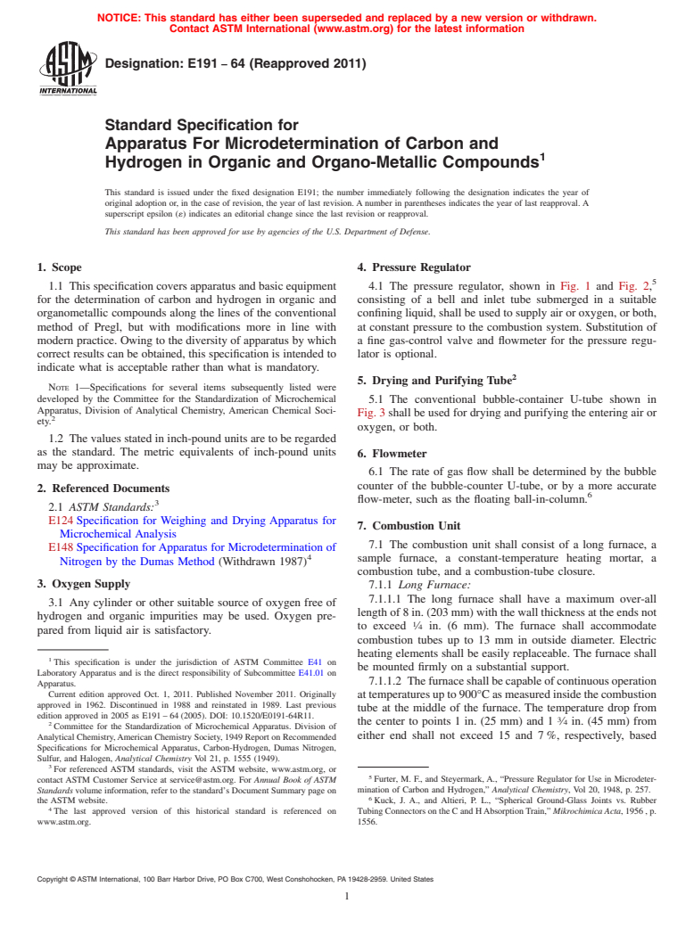 ASTM E191-64(2011) - Standard Specification for  Apparatus For Microdetermination of Carbon and Hydrogen in Organic and Organo-Metallic Compounds