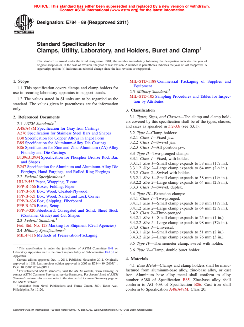 ASTM E784-89(2011) - Standard Specification for  Clamps, Utility, Laboratory, and Holders, Buret and Clamp