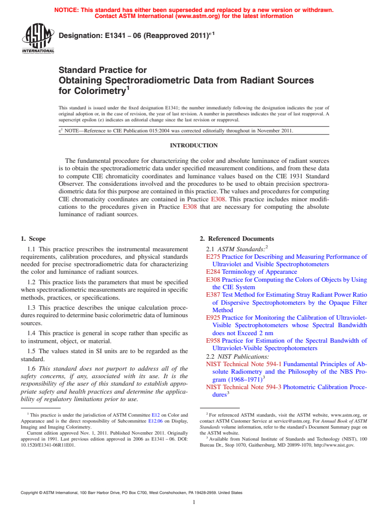 ASTM E1341-06(2011)e1 - Standard Practice for Obtaining Spectroradiometric Data from Radiant Sources for Colorimetry