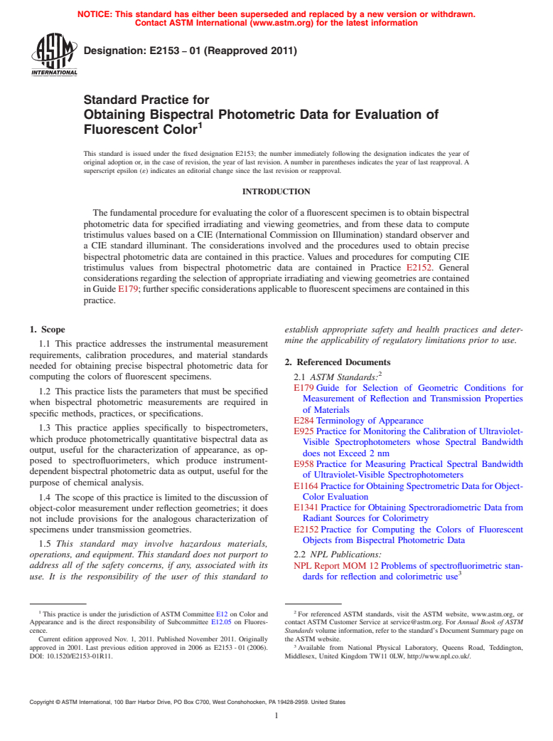 ASTM E2153-01(2011) - Standard Practice for Obtaining Bispectral Photometric Data for Evaluation of Fluorescent  Color