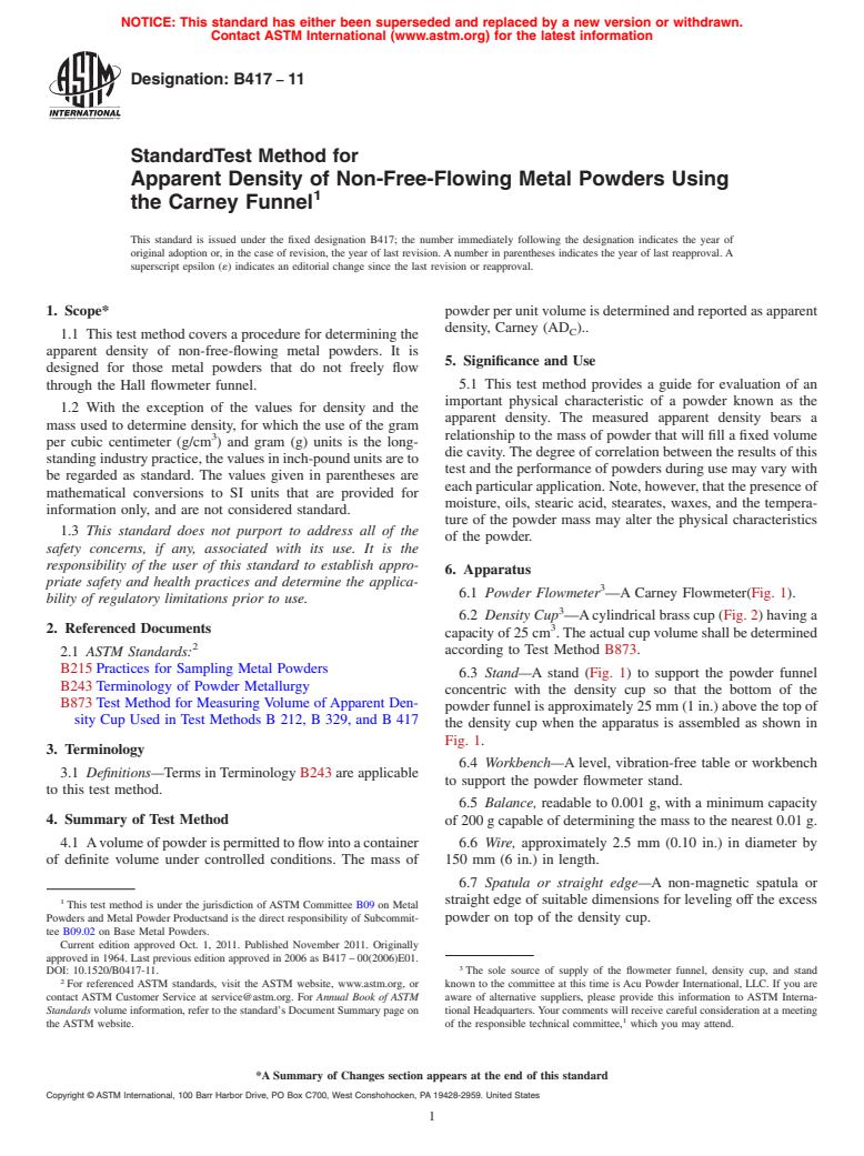 ASTM B417-11 - Standard Test Method for Apparent Density of Non-Free-Flowing Metal Powders Using the Carney Funnel