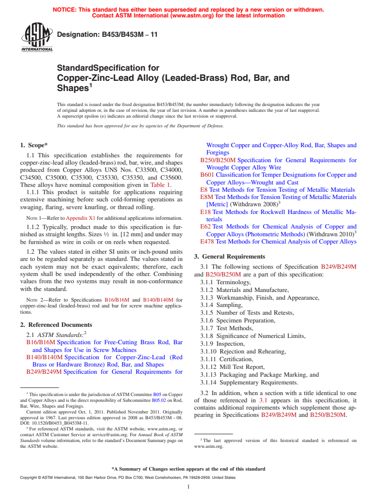 ASTM B453/B453M-11 - Standard Specification for  Copper-Zinc-Lead Alloy (Leaded-Brass) Rod, Bar, and Shapes