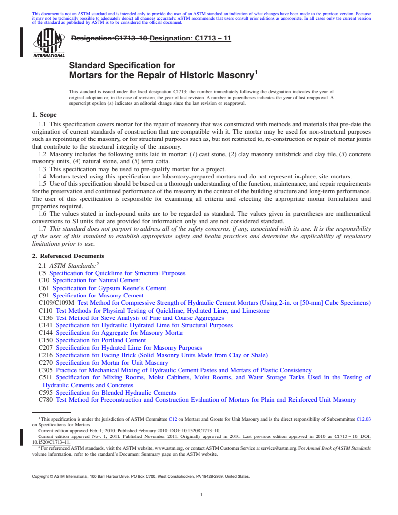 REDLINE ASTM C1713-11 - Standard Specification for Mortars for the Repair of Historic Masonry