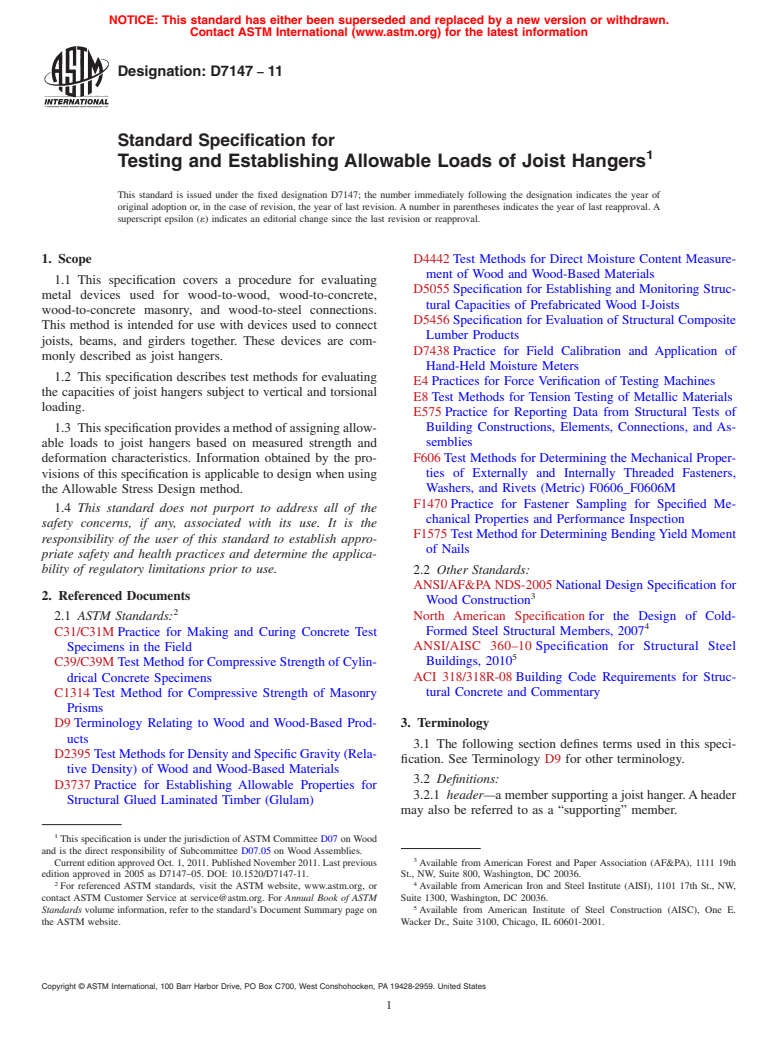 ASTM D7147-11 - Standard Specification for Testing and Establishing Allowable Loads of Joist Hangers