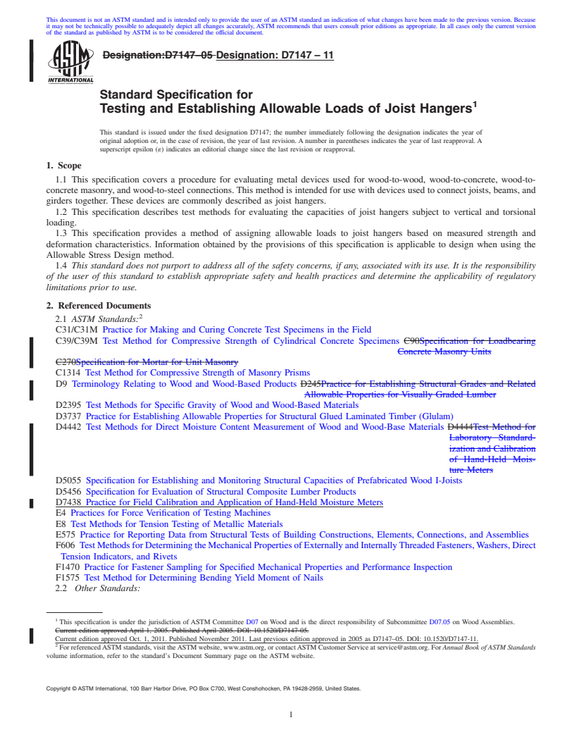 REDLINE ASTM D7147-11 - Standard Specification for Testing and Establishing Allowable Loads of Joist Hangers