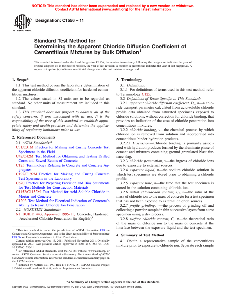 ASTM C1556-11 - Standard Test Method for Determining the Apparent Chloride Diffusion Coefficient of Cementitious Mixtures by Bulk Diffusion