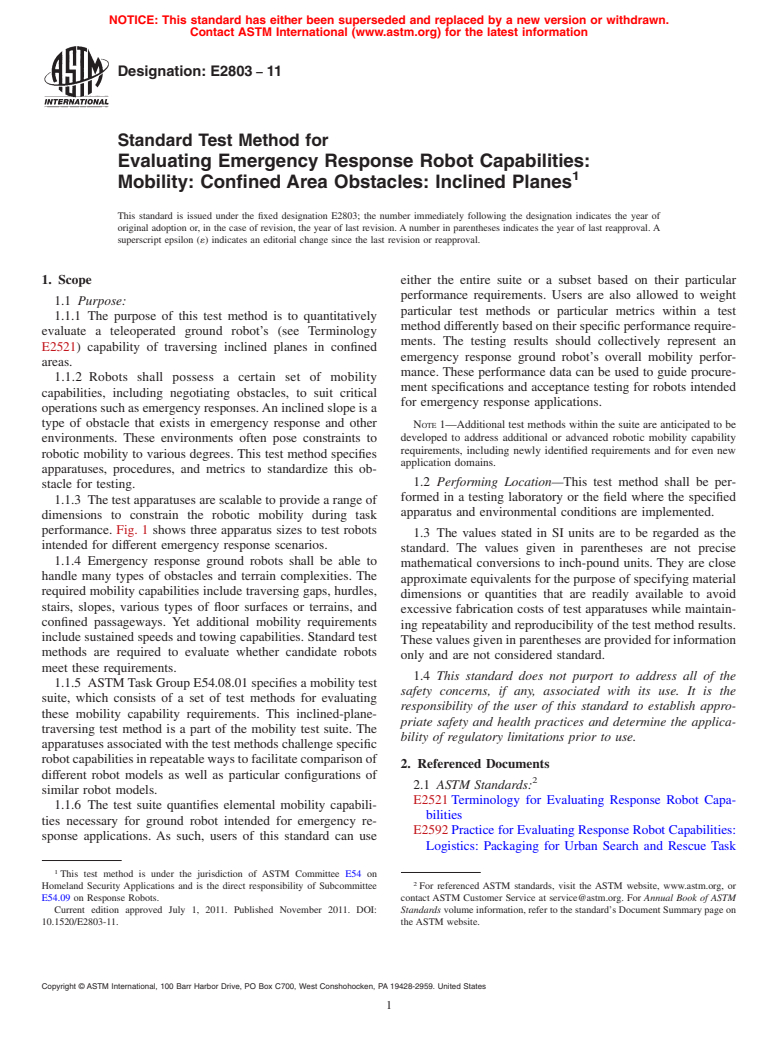 ASTM E2803-11 - Standard Test Method for Evaluating Emergency Response Robot Capabilities: Mobility: Confined Area Obstacles: Inclined Planes