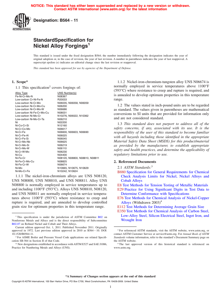 ASTM B564-11 - Standard Specification for  Nickel Alloy Forgings