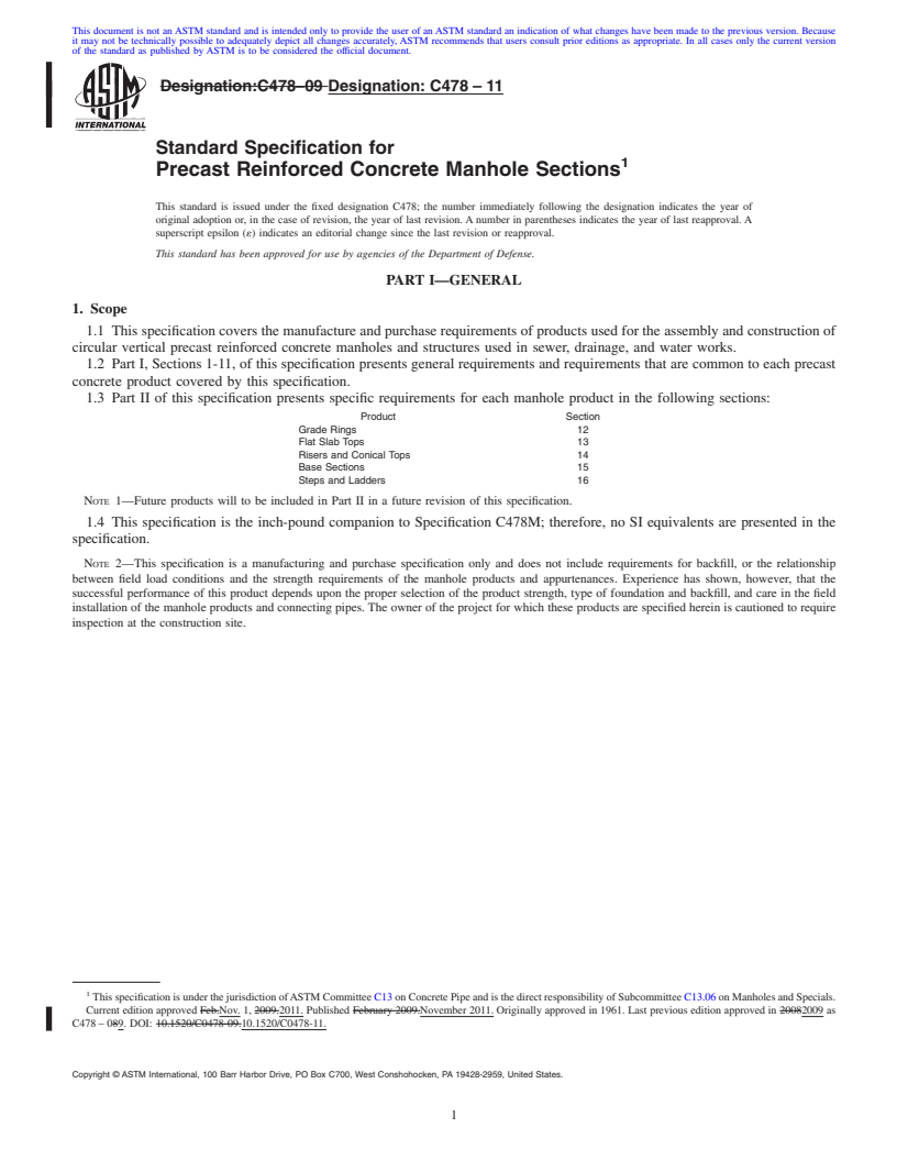 REDLINE ASTM C478-11 - Standard Specification for  Precast Reinforced Concrete Manhole Sections