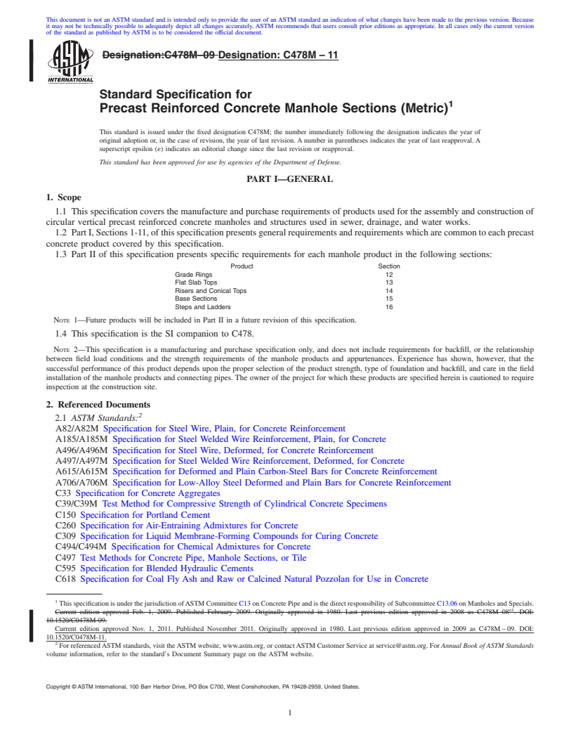 REDLINE ASTM C478M-11 - Standard Specification for Precast Reinforced Concrete Manhole Sections (Metric)