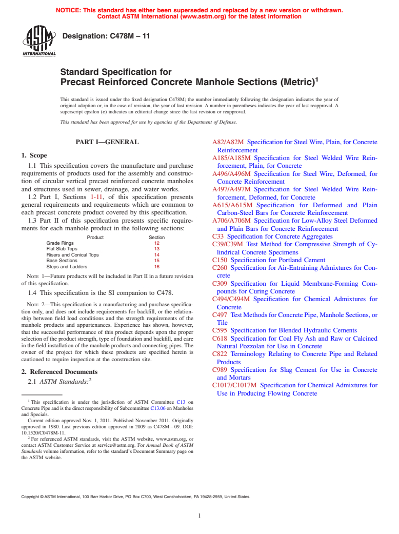 ASTM C478M-11 - Standard Specification for Precast Reinforced Concrete Manhole Sections (Metric)