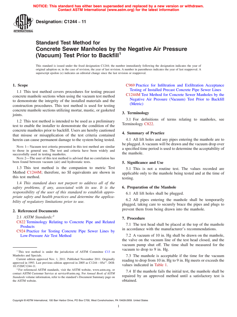 ASTM C1244-11 - Standard Test Method for Concrete Sewer Manholes by the Negative Air Pressure (Vacuum) Test Prior to Backfill