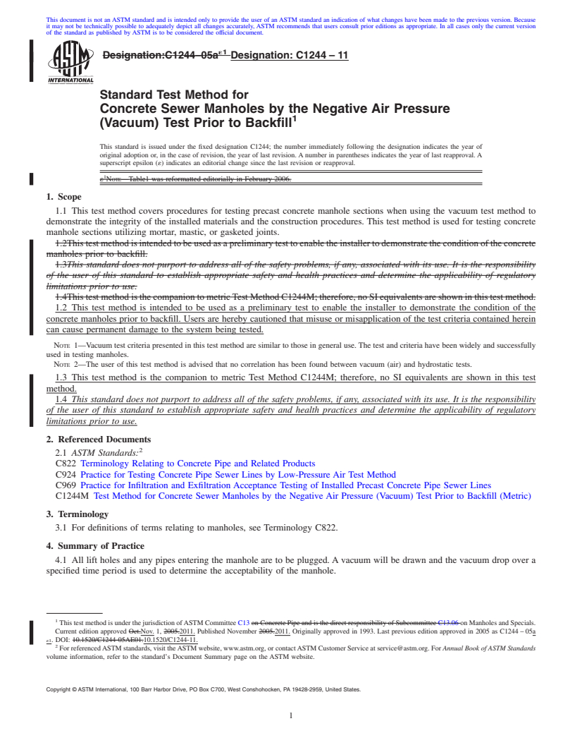 REDLINE ASTM C1244-11 - Standard Test Method for Concrete Sewer Manholes by the Negative Air Pressure (Vacuum) Test Prior to Backfill